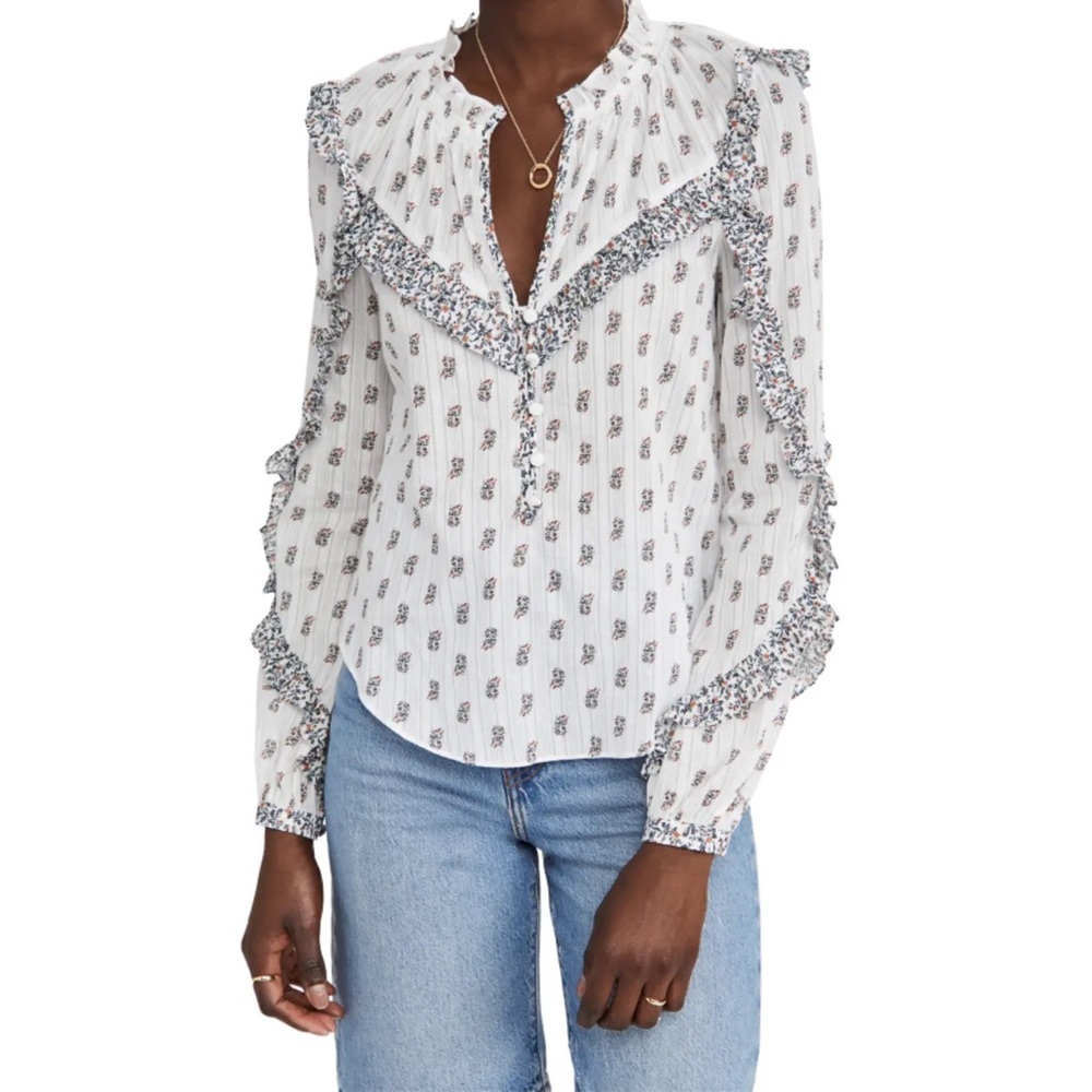 Veronica Beard Abra blouse cotton stamped floral long sleeve ruffle women’s 2
